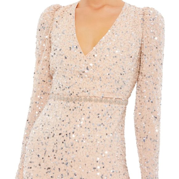 MAC DUGGAL 10740 SEQUIN EMBELLISHED HEMLIN BELT NUDE/SILVER MIDI DRESS sz 8 - Picture 3 of 6